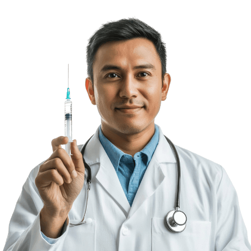 Doctor in lab coat with injection in hand