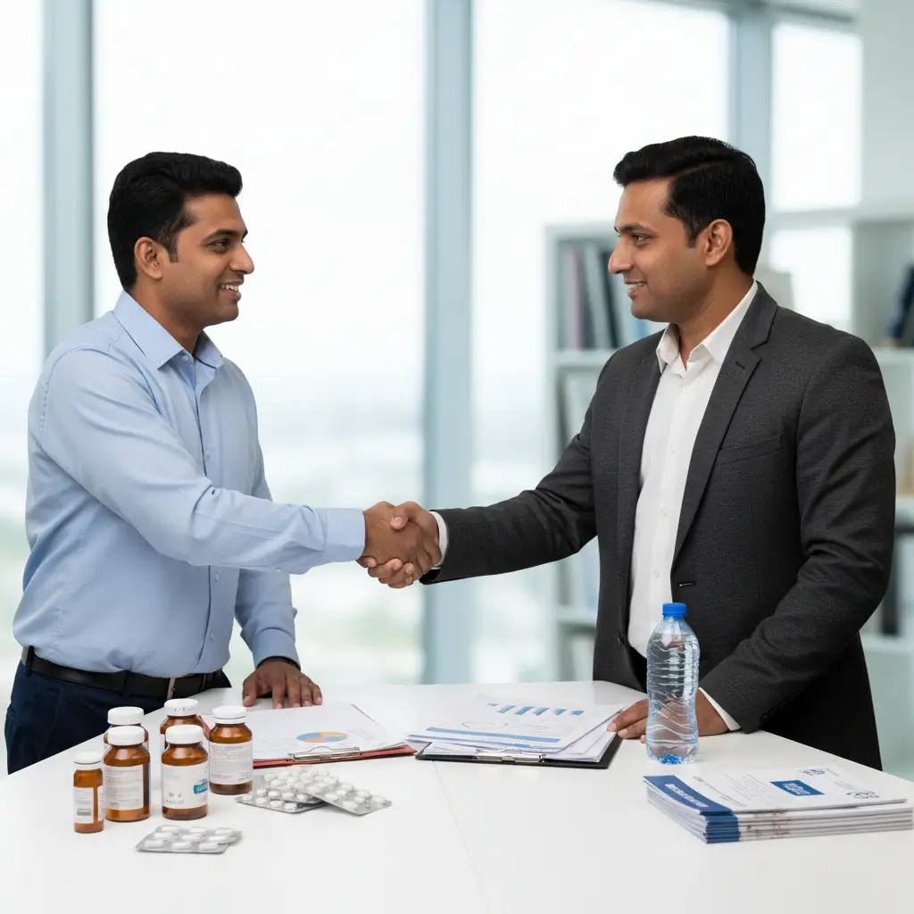 Pharma professionals discussing